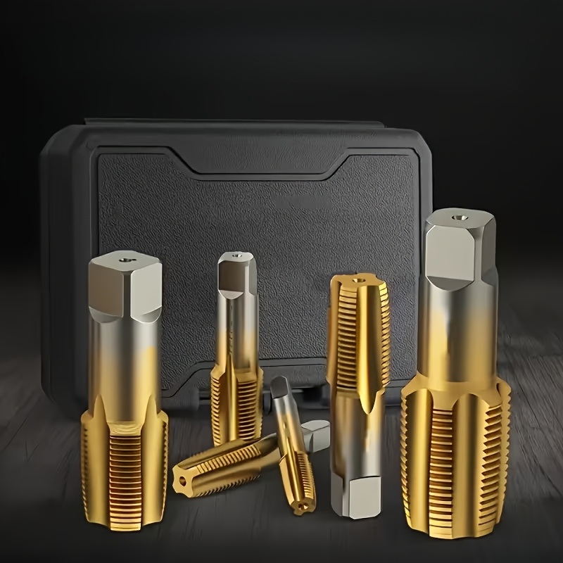 5pcs Npt Tap Set, Titanium-coated For Hardness And Durability, Designed For Cleaning Or Reinstalling Damaged Or Stuck Pipe Threads. Includes Sizes 1/8", 1/4", 3/8", 1/2", And 3/4". Made Of High-grade