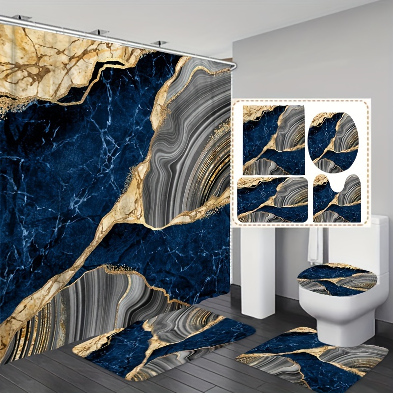 

1/3/4pcs Blue Marble Pattern Shower Curtain Set, Waterproof Bathroom Partition Curtain With Hooks, Non-slip Bath Rug, Toilet U-shape Mat, Toilet Lid Cover Mat, Bathroom Accessories