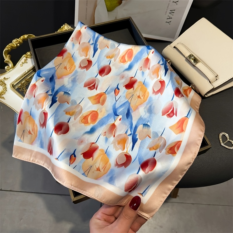 TEMU Pañuelo de moda de poliéster con estampado de tulipanes, 70X70Cm, pañuelo para la cabeza, pañuelo decorativo, pañuelo cuadrado profesional