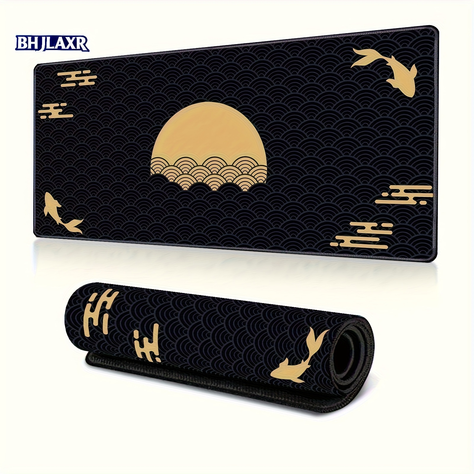 Large Black And Yellow Mouse Pad Featuring Koi Fish, Sun, And Clouds, Japanese Art, Perfect For Gaming With Dimensions 90x40 Cm