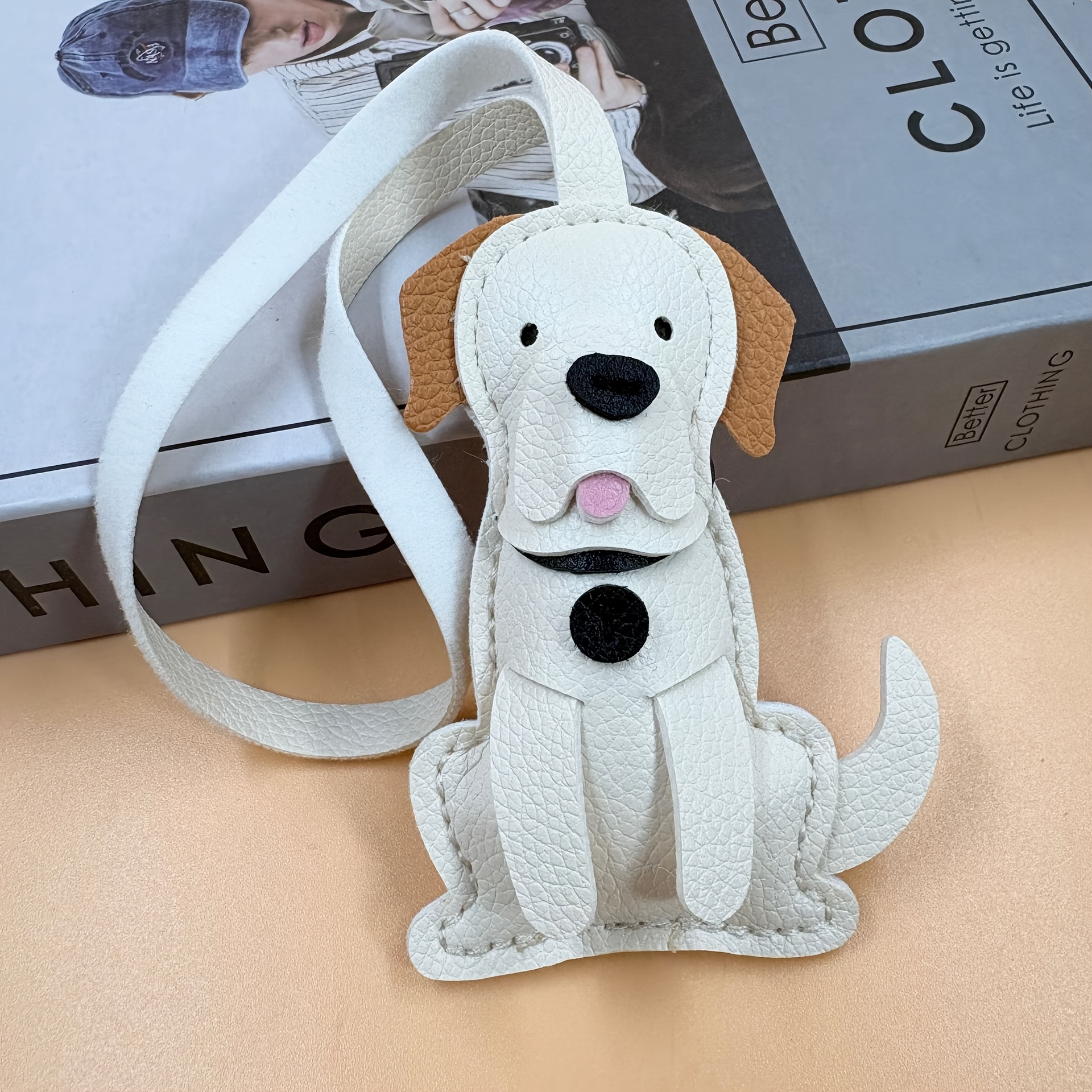 TEMU Vintage Color-block Floppy-eared Puppy Pu Leather Keychain, Simple Cartoon Dog Bag Charm Keyring, Car Hanging Ornament, Niche Birthday Gift For