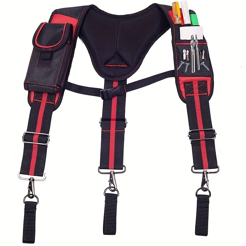 

Tool Belt Suspenders Construction With Magnet Pocket, Large Moveable Phone Holder, Pencil Holder