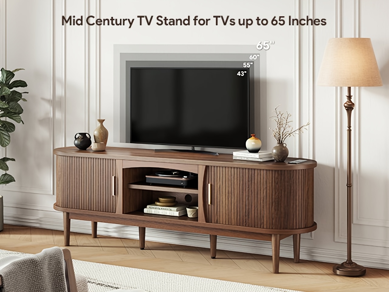 68 Inch Mid-Century TV Stand for TVs Up to 70 Inch, Entertainment Center with Storage, Power Outlet, Recessed Sliding Doors & Adjustable Shelves, Modern Media Console for Living Room, Housewarming Gift