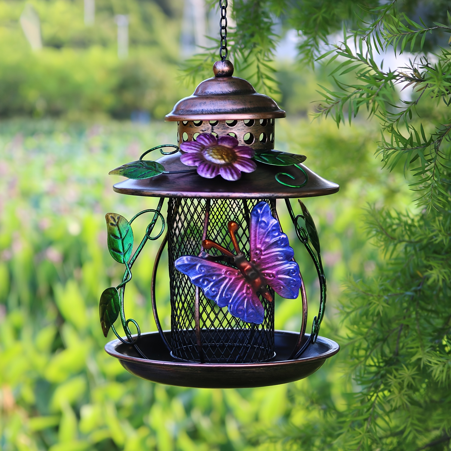 Image of 1 Outdoor Hanging Bird Feeder With Hooks, Iron Mesh Wild Bird Feeder Featuring Dragonfly And Flower Decorations For Garden Or Patio