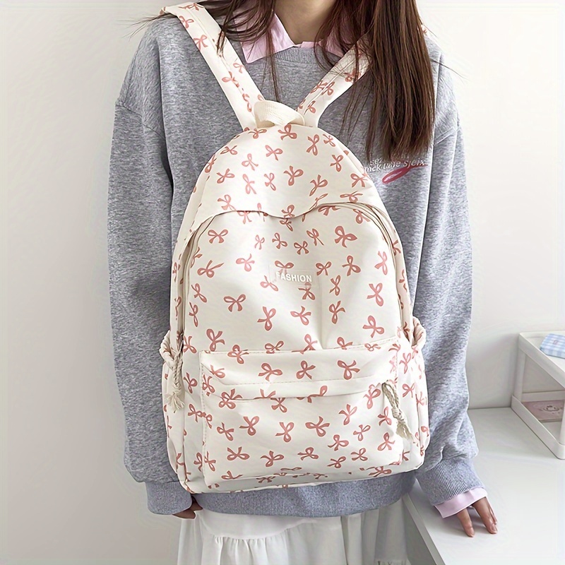 

Chic Print Backpack - Polyester, Multi- For School & Travel, Zip Closure - In Deep Khaki, Pink, Purple, Blue, Black
