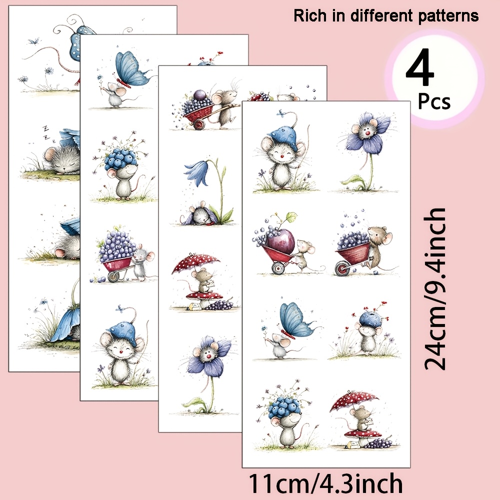 TEMU 4pcs/set Whimsical Mouse Theme Uv Transfer - For Diy Crafts, Mugs, Laptops & Water Bottles, Self-adhesive Plastic, Diy Mug Decoration, Laptop,