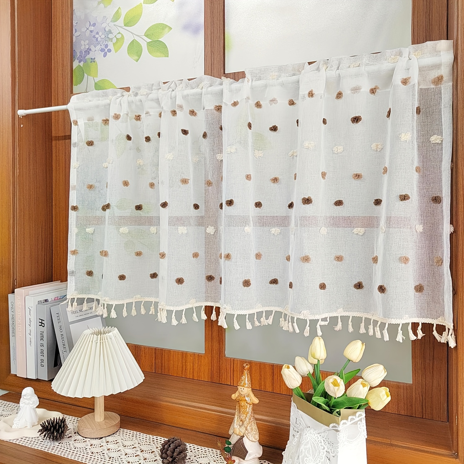 Image of 1pc 1pcs Aifish Bohemian Curtain With Pom-pom Decor & Tassel Hem - Filtering Semi-sheer Drapes Suitable For Kitchen, Living Room, Bedroom - Window Treatments, Fabric, Rod Pocket Hanging