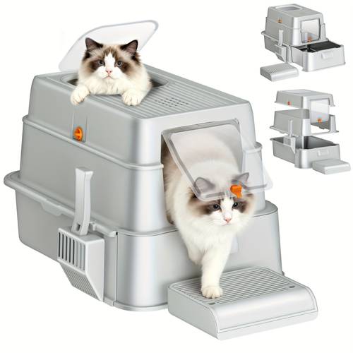 large self cleaning stainless steel cat litter box with pedal operation drawer heavy duty non stick litter tray scoop included two entry design suitable for large cats multi cat households easy assembly