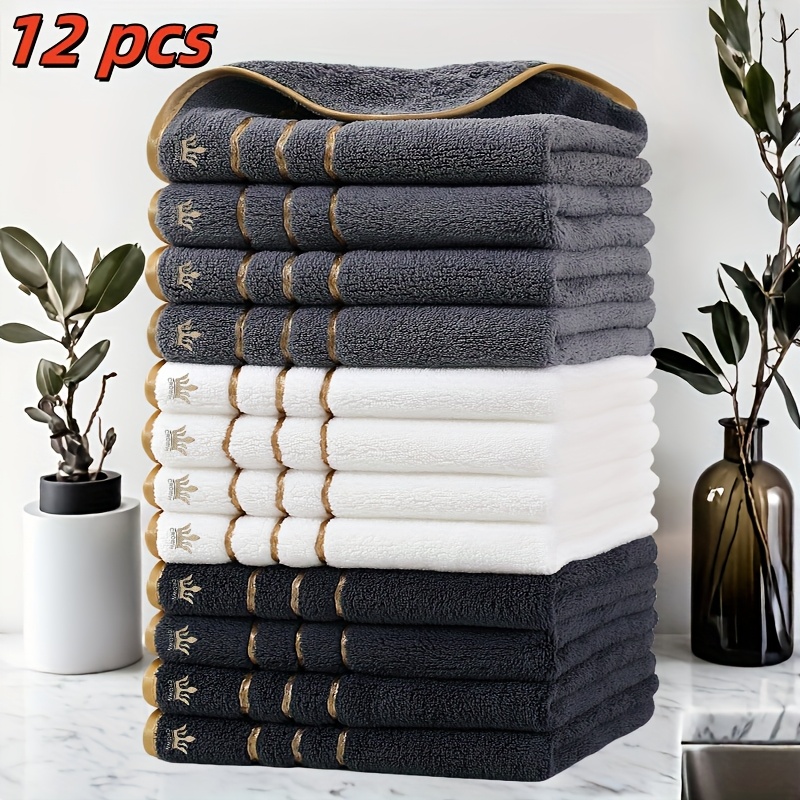 12-piece Washcloth Set, 12 Washcloths, 35x35cm, Gold Thread Crown Embroidery, , Value, Super Absorbent, Quick-drying, , An Essential For Home, Bathroom, And Spa, A Great Gift For Valentine's Day