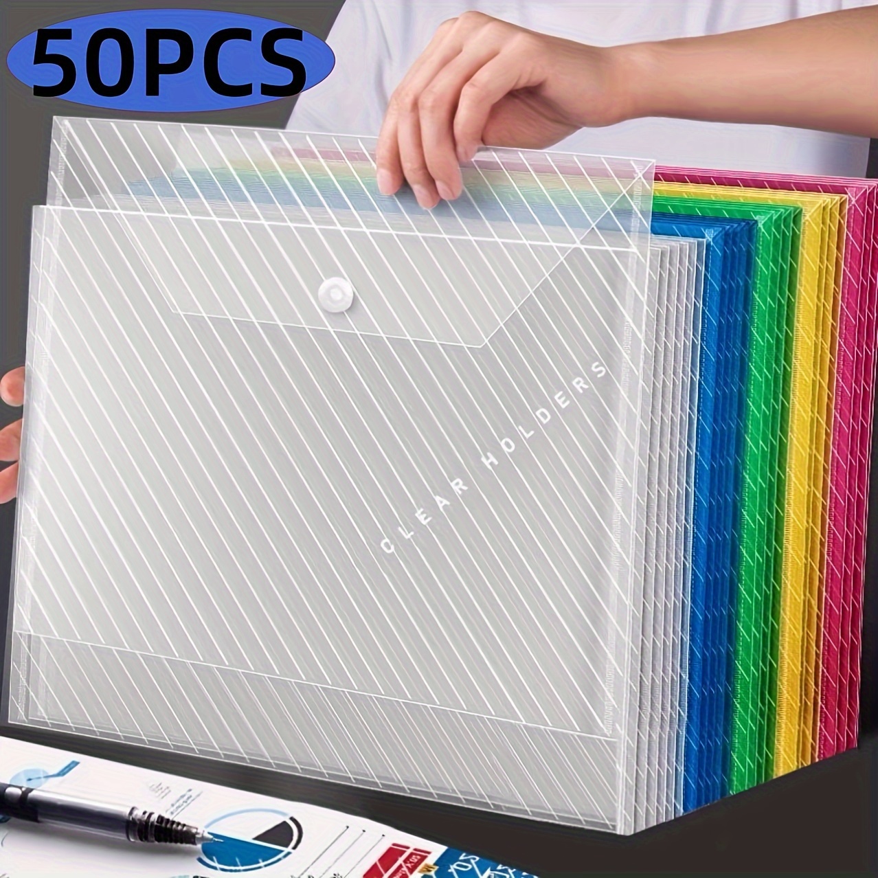 

50-pack, File Folders With Button Closure, Office Document Organizer And School Supplies Storage Bags