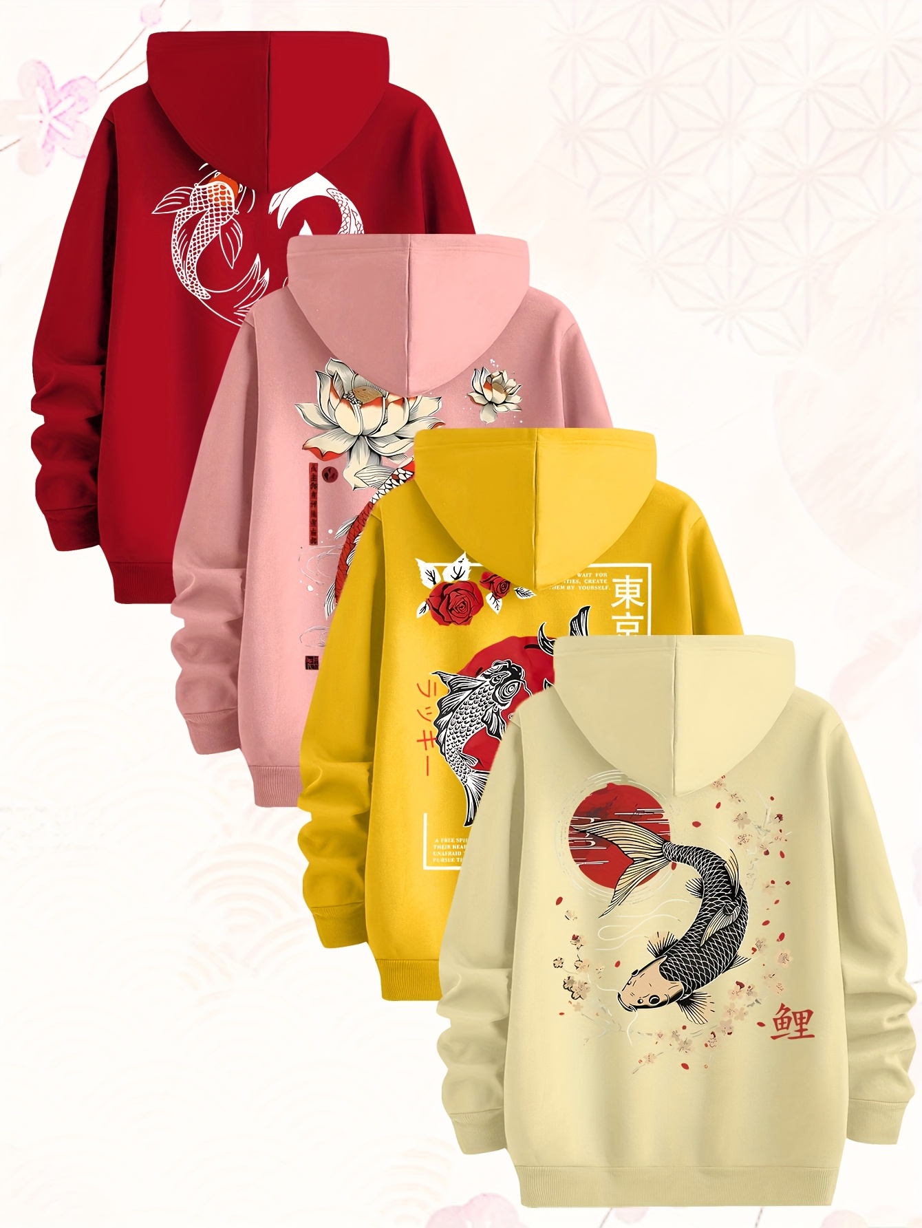 Carp Element Pattern Sweatshirt Four-Piece Men'S Hoodie, Made of Knitted Fabric, Casual Style, Fitted Hoodie Multi-Piece Set