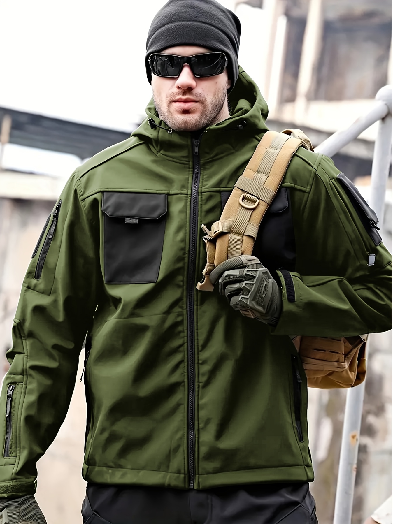 1pc Men's Waterproof Lightweight Soft Shell Jacket with Hood & Multiple Pockets - Thermal Insulated Outdoor Coat for Hiking, Camping, Casual Wear - Machine Washable, Regular Fit (Winter/Spring/Fall), Versatile Travel Jacket | Full Zip Jacket | Durable Zipper, Winter Camping Gear