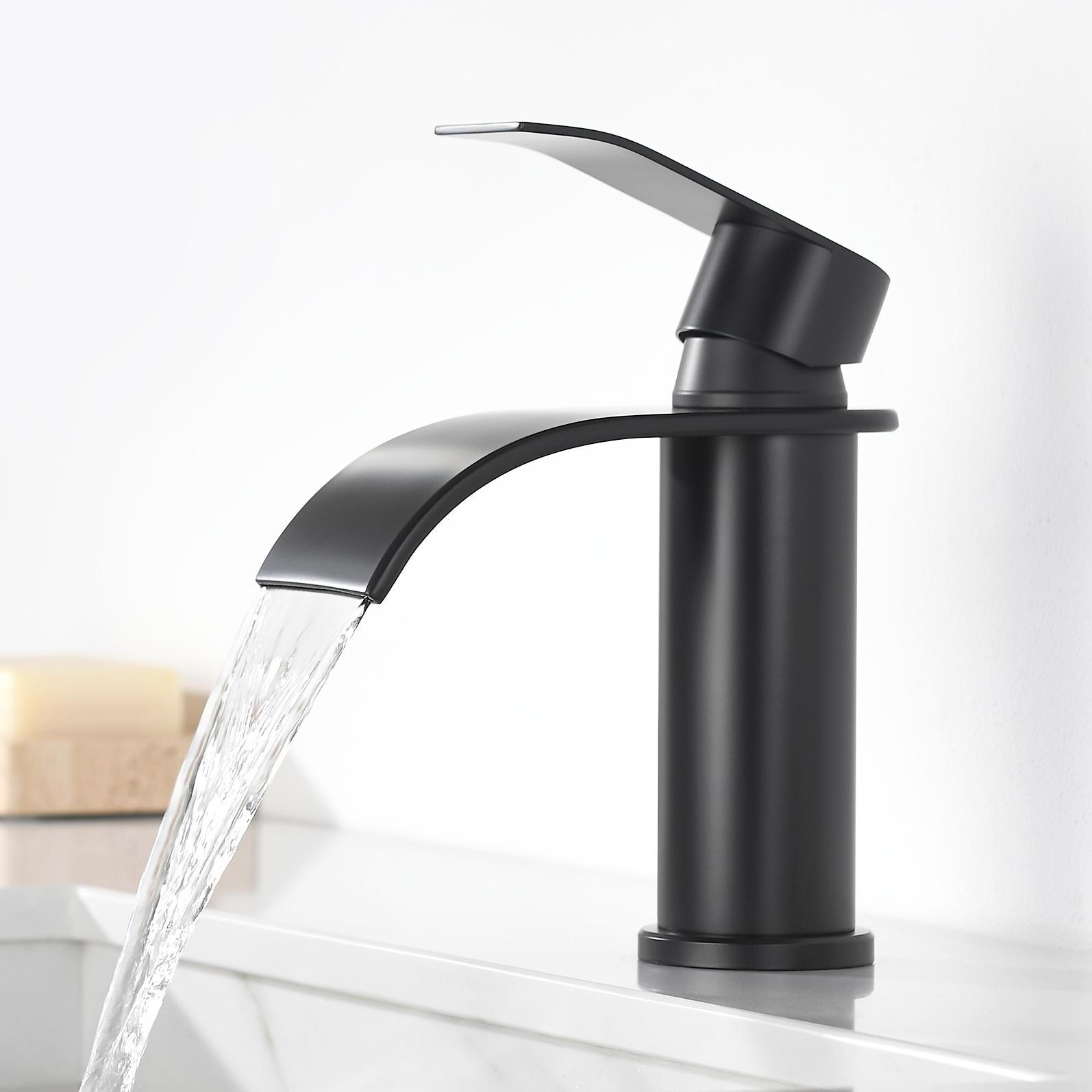 Image of Modern Black Stainless Steel Waterfall Basin Mixer Tap, Bathroom Sink Faucet, Soft Waterfall Flow, Ceramic Cartridge, Includes G3/8 Hoses