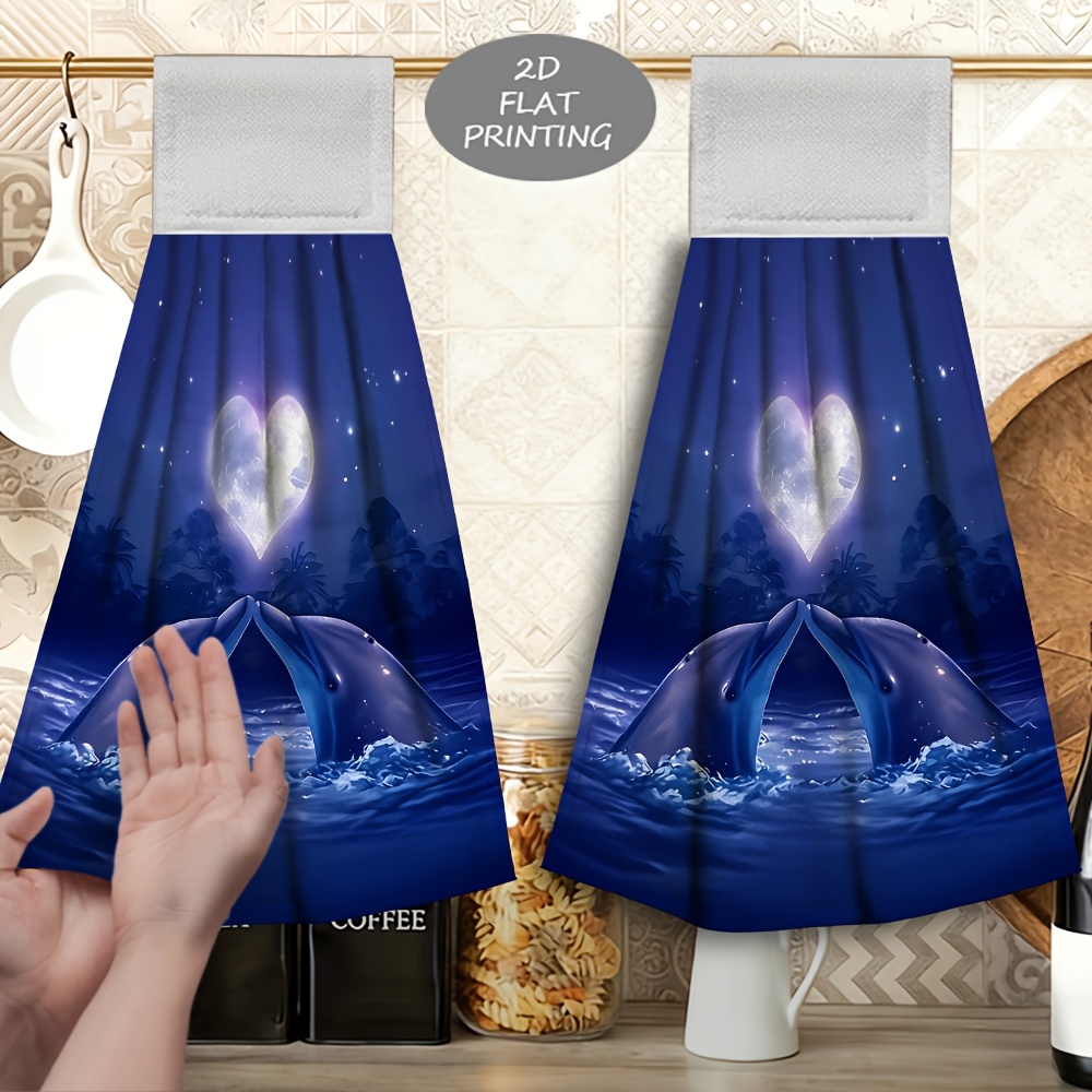 TEMU 2pcs Serviette à main suspendue motif cœur lune, serviette de nettoyage imprimée, matériau en microfibre douce, forte absorbance, convient pour