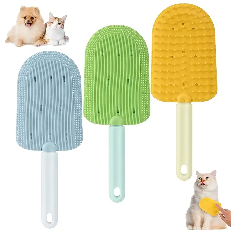 1pc pet hair removal comb for easy grooming tool with one click fur release gentle plastic needle comb for shedding and massaging in blue green yellow detangling hair brush details 1