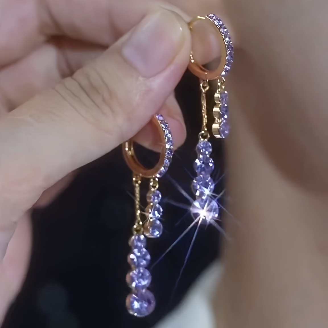TEMU A Pair Of Elegant Light Luxury Purple Sparkling Synthetic Zirconia Ring-shaped Double-row Tassel Copper Earrings, Suitable For Women's Date Party Decorative Additions