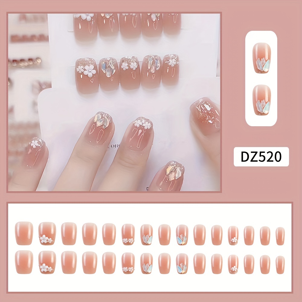 30pcs glossy   on nails with floral glitter designs extra short   reusable   nails with rhinestones for women   nail art nail accessories details 2