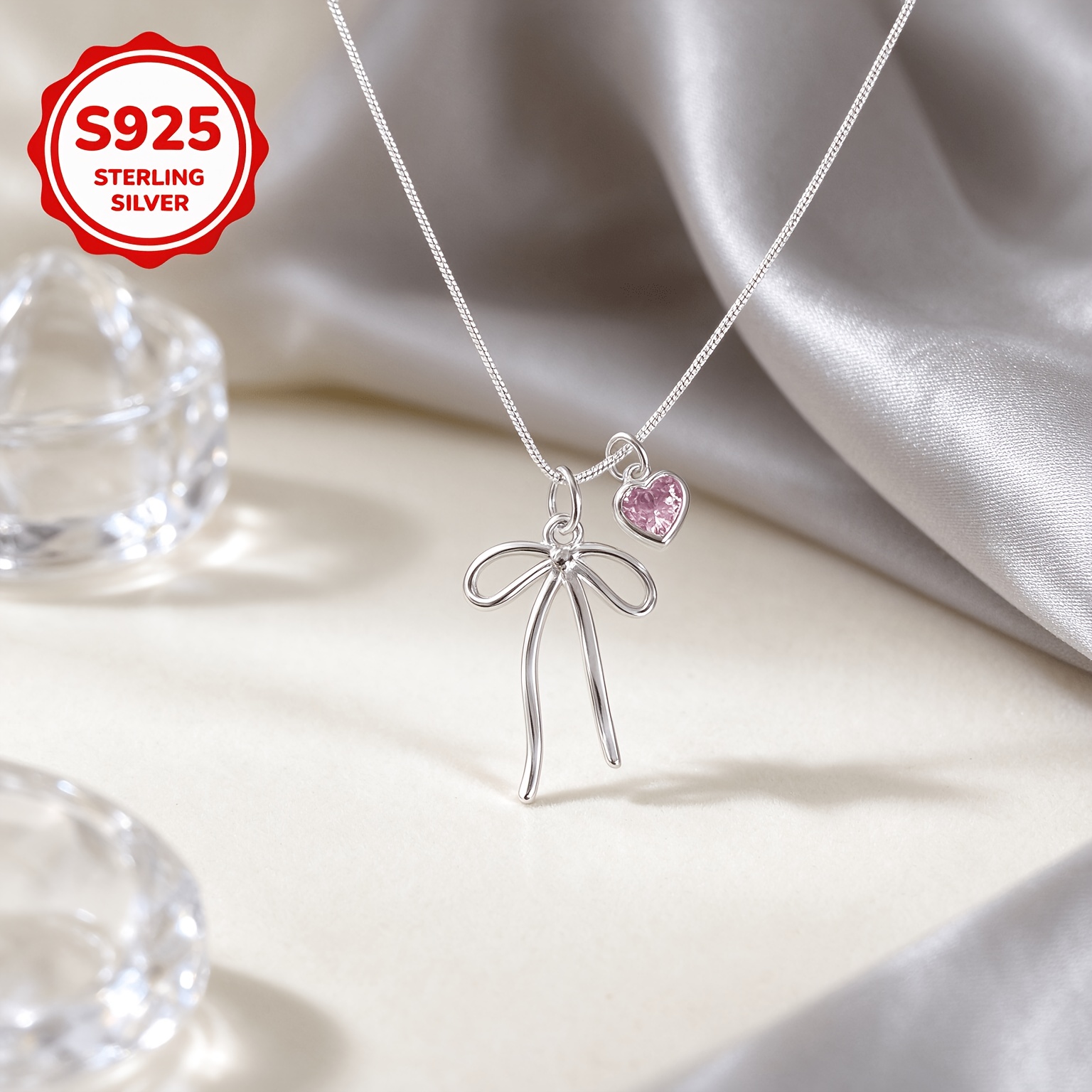 Women's 925 Silver Bow Pendant Necklace with Heart Cutout
