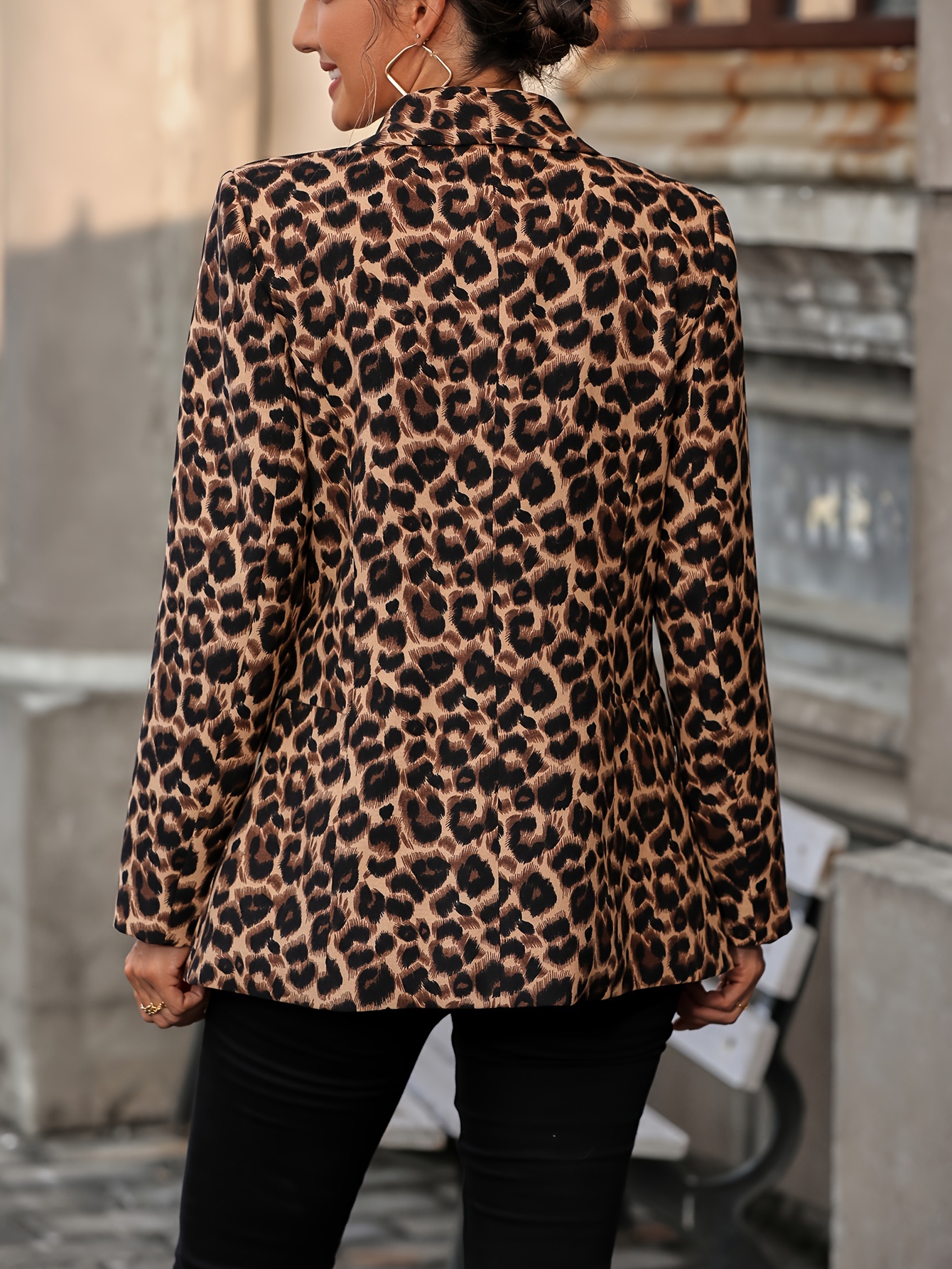 【Orientation】Leopard Print Buttonless Placket Retort Collar Suit Women