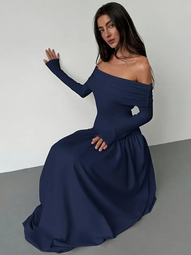 navy blue one shoulder long sleeve dress Brooklyn