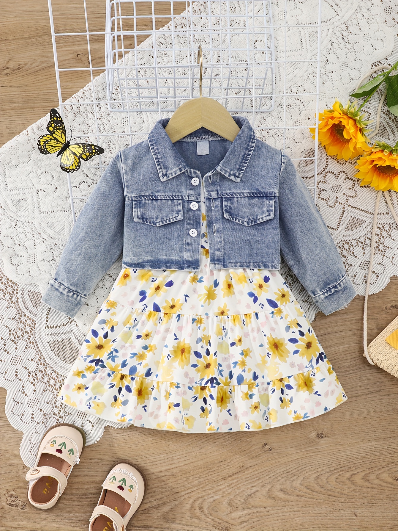 girls' casual fashion denim jacket suit floral print strap Temu