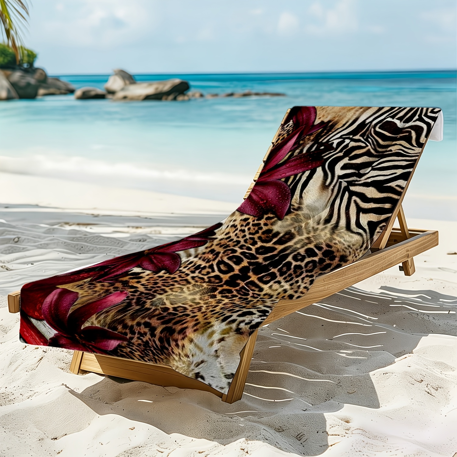 TEMU 1pc, Wild Floral And Animal Print Style Soft Beach Towel, Leopard Zebra Floral Pattern, Microfiber Bath Towel, Quick-drying And Super Absorbent,