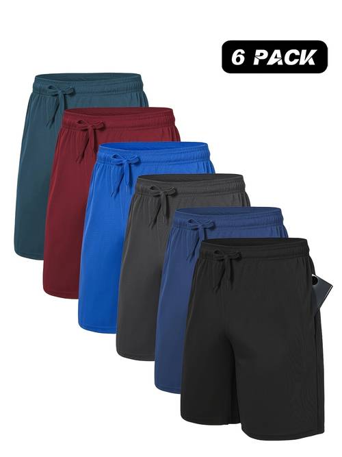 6pcs mens elastic waist athletic shorts loose fit basketball outdoor shorts breathable machine washable fabric solid colors navy black charcoal dark blue gym shorts sports activewear medium fabric workout gear casual sportswear stretchy material fitness enthusiasts