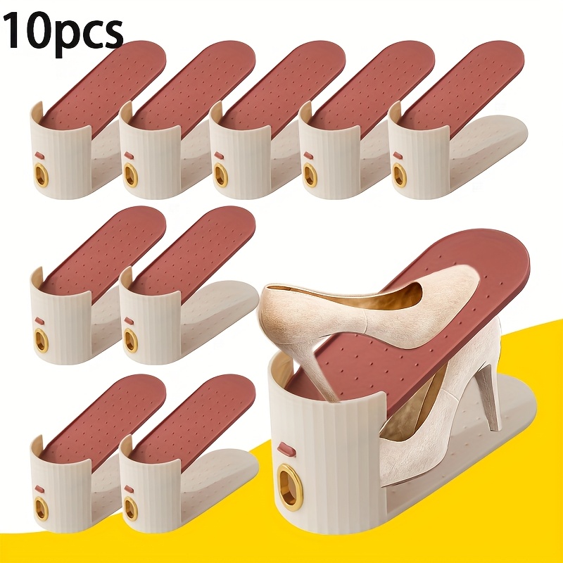 10pcs Shoe Rack, Vertical Stripe with Golden Ring. Stylish Color Scheme. Space-Saving, Solves Messy Issues, Fits All Kinds of Shoes. Foldable Splicing, Free Combination, Suitable For Living Room, Dormitory, Closet. Durable Pp Material