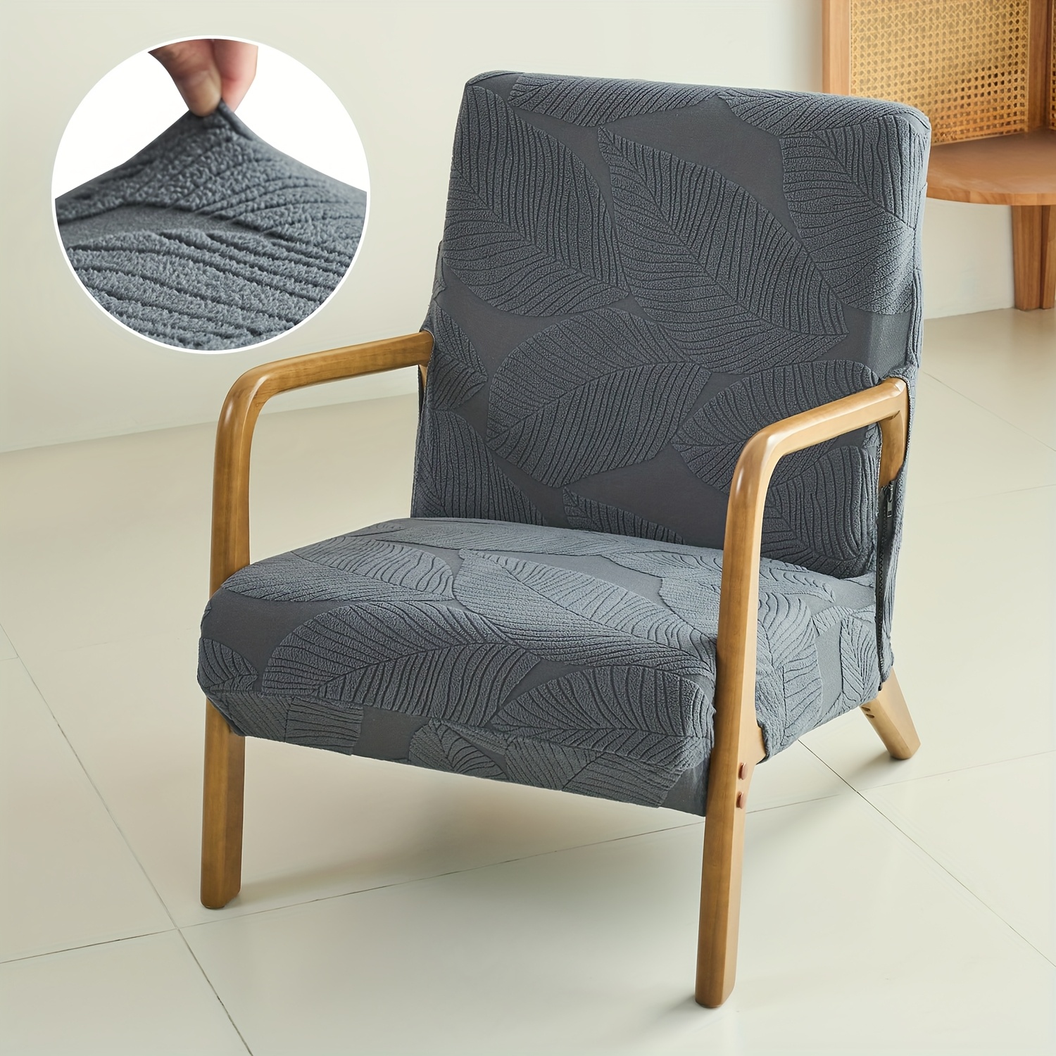 TEMU 1pc Leaf Pattern Chair Slipcover - Elastic Stretch Fit With Side Zipper & Bottom Ties, Pet-friendly Machine Washable Fleece Fabric, Contemporary