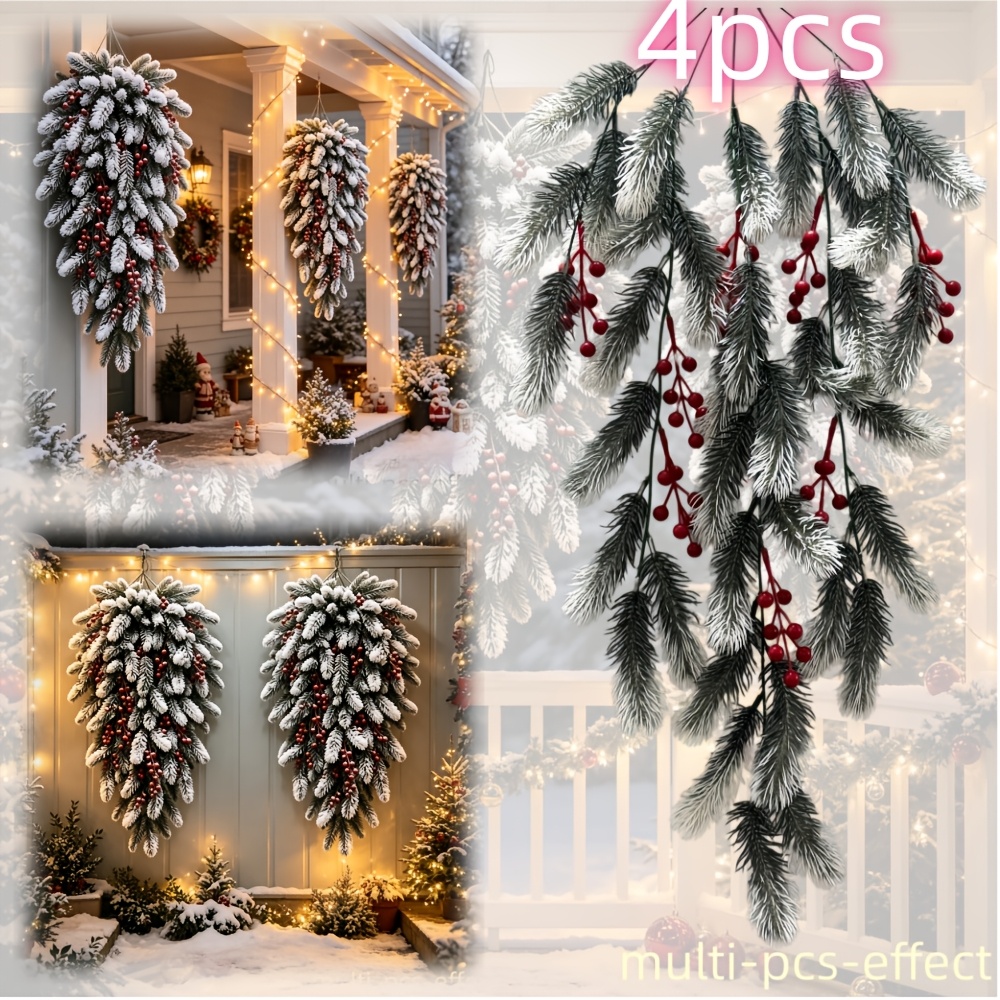 TEMU 4pcs Set Of Luxurious Large-scale Artificial Christmas Hanging Ornaments. Features Densely Full Artificial Frost-effect Pine Branches With