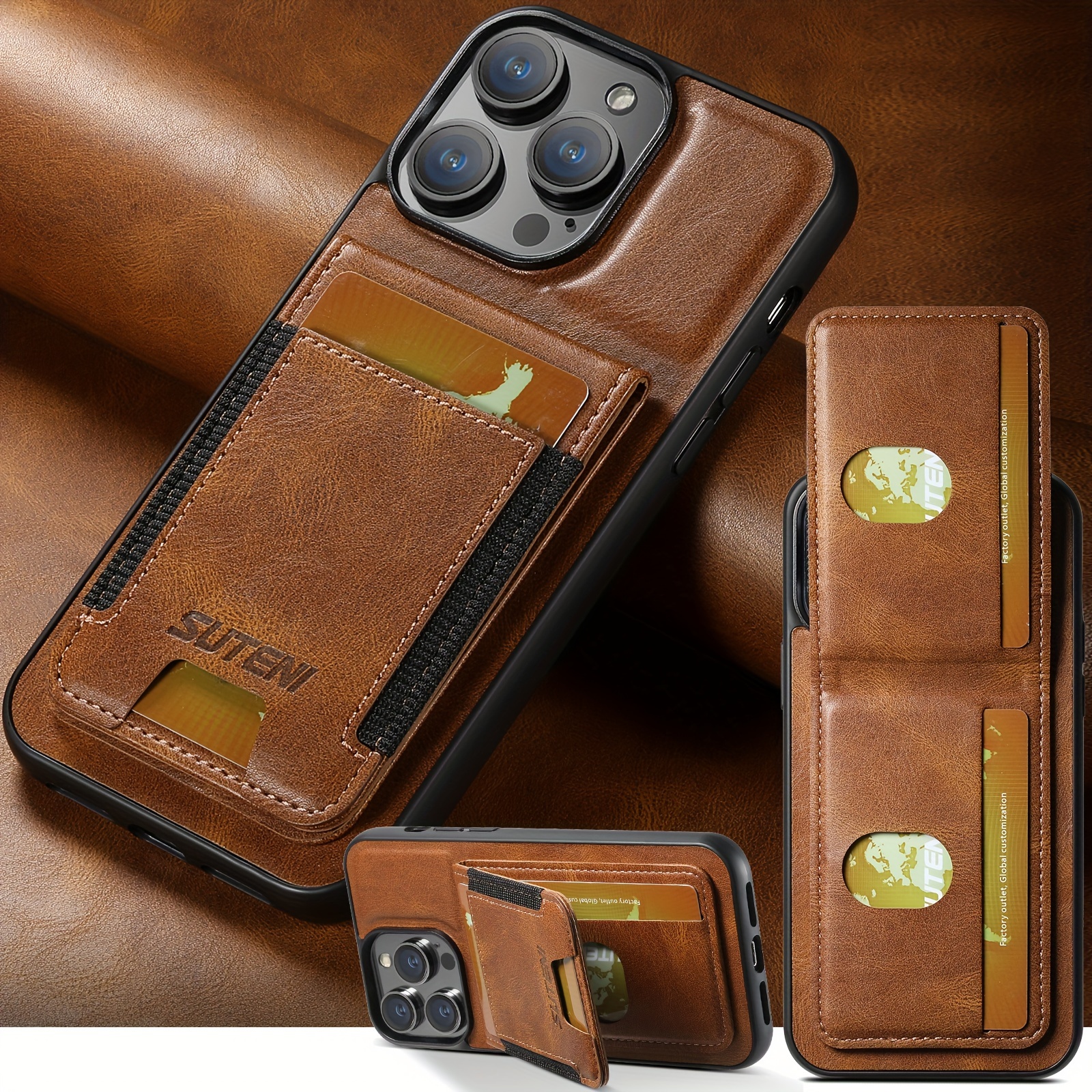 

Suteni Luxury Pu Leather Card Holder Phone Case Wallet Standing Phone Case For Iphone 15 Pro Max 14 Plus 13 12 11 X Xr Xsmax Black/blue/brown
