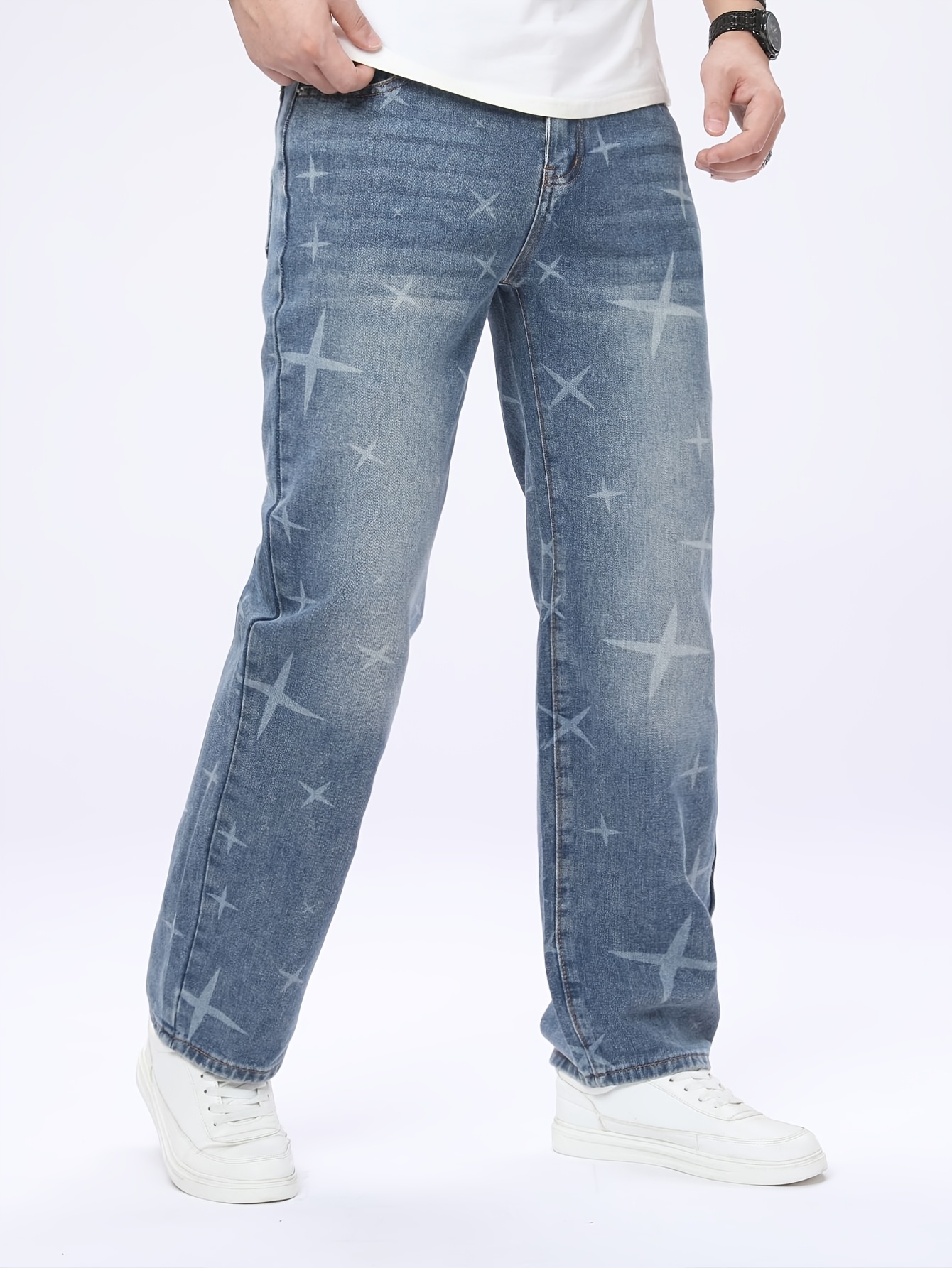 2026 Naujos Vyriškos Džinsai su Žvaigždžių Raštu, Netaisyklingu Visame Paviršiuje Raštu, Mėlyni Skalbto Džinso Kelnes, Netamprios, Tiesios Kojos, Minimalistinis Stilius Visiems Sezonams