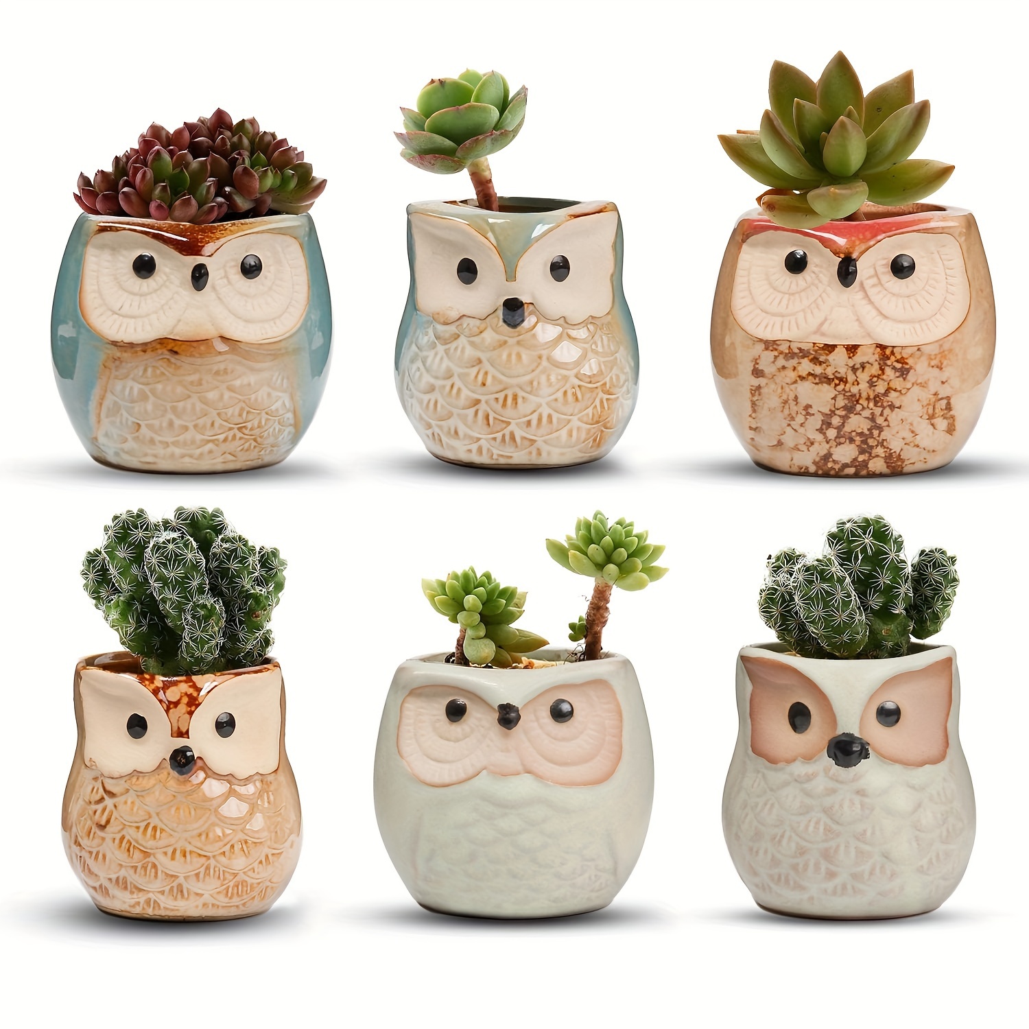 

Boho Ceramic Owl Plant Pots Set Of 6 - Mini Pots With Drainage Hole, Irregular Shape, Indoor & Outdoor Decorative Containers For Succulents, , Decor, Gift