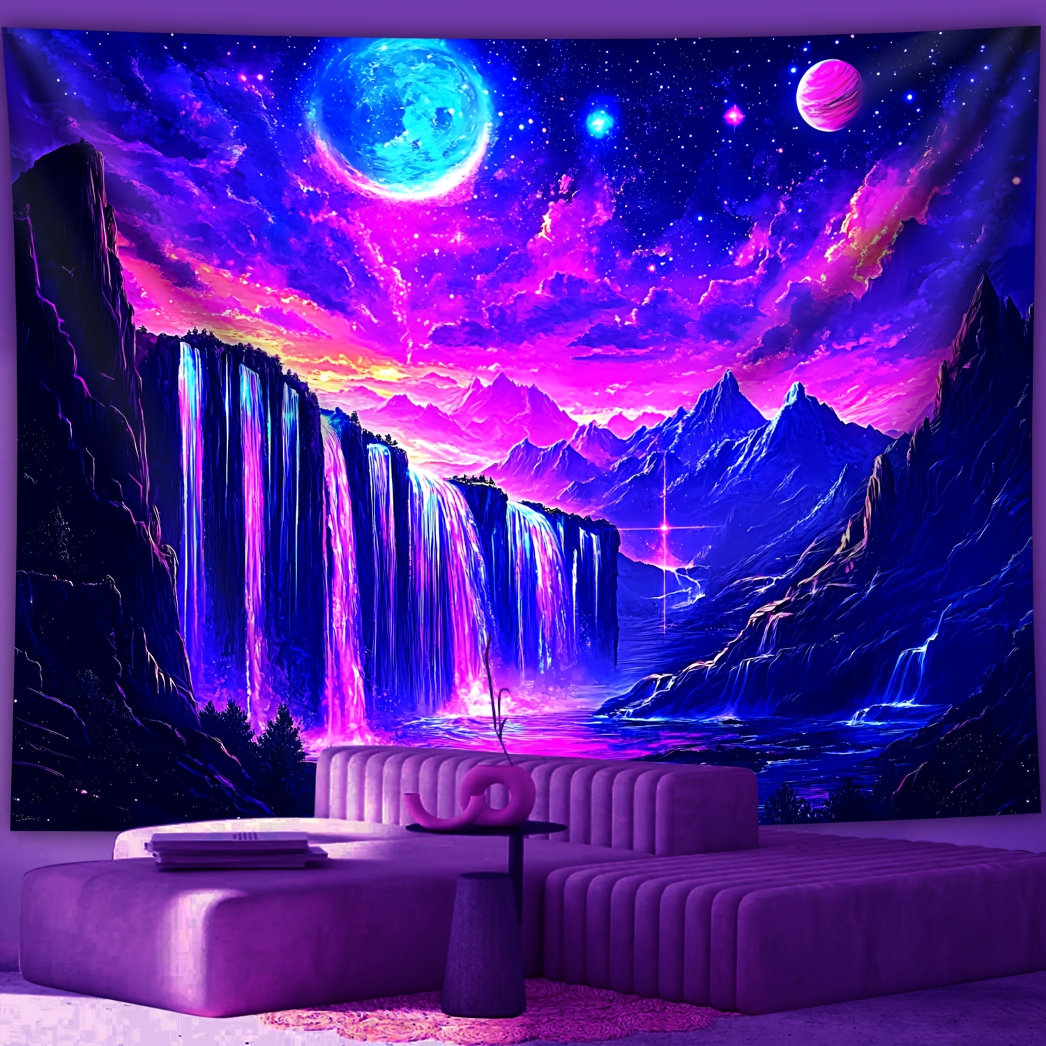 *. Leuchtendes Wandteppich - Neon Leuchtender * mit Leuchtendem Wasserfall,  Galaxie, Sternen * - Großer Horizontale Wandbehang für Schlafzimmer,  Wohnzimmer, für * - Einfach Aufzuhängendes Polyester ..., image size:1500x1500