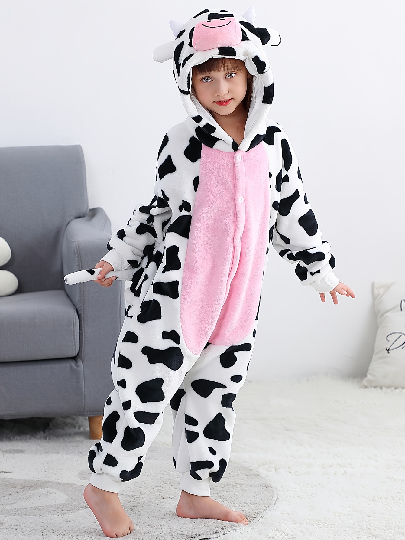 girls cow costume cute animal onesie button closure soft Temu