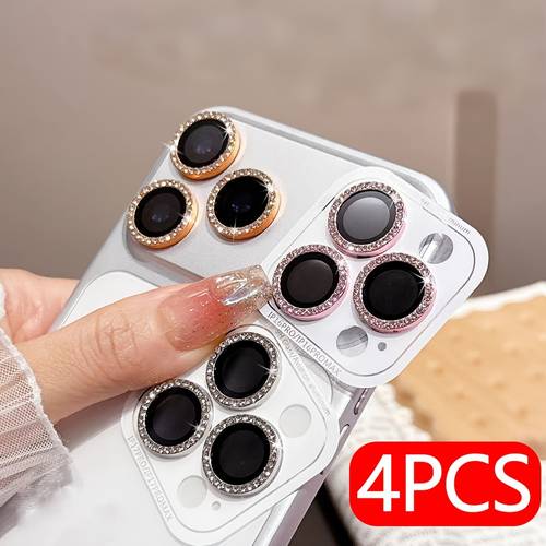 imagen del artículo juego de 4 protectores de lente de cámara para teléfono con incrustaciones de diamantes, con iphone 17 pro max, 16 pro, 15 plus, 14, 13 mini, 12, 11 y modelos. color con decorativa creativa, opción para fotógrafos móviles