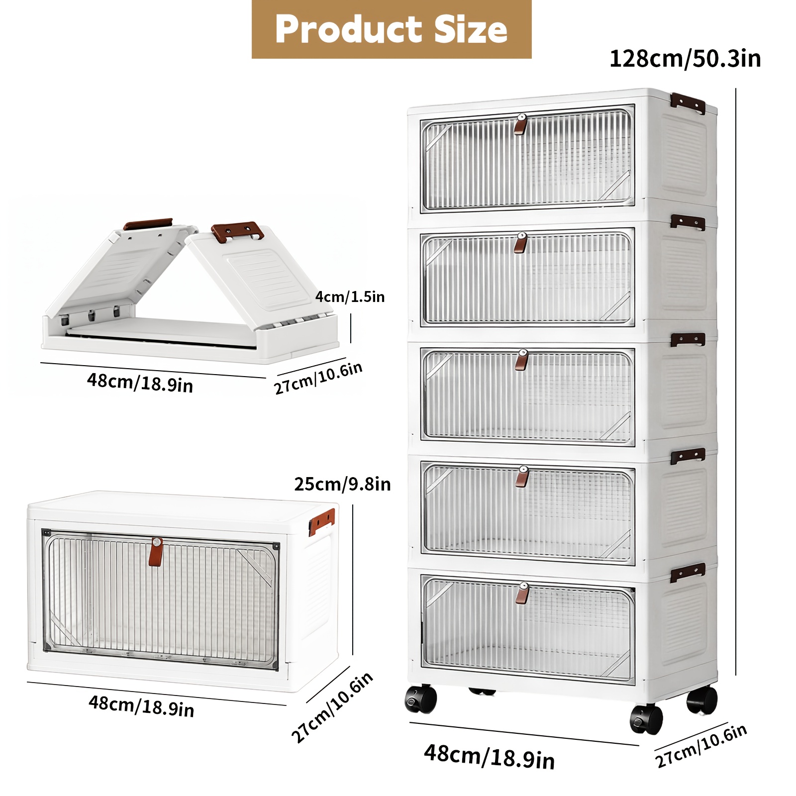 TEMU Organisateur de rangement pliable extra large de 48 cm, armoire empilable à 4/5 niveaux avec roulettes, portes transparentes, unité de rangement