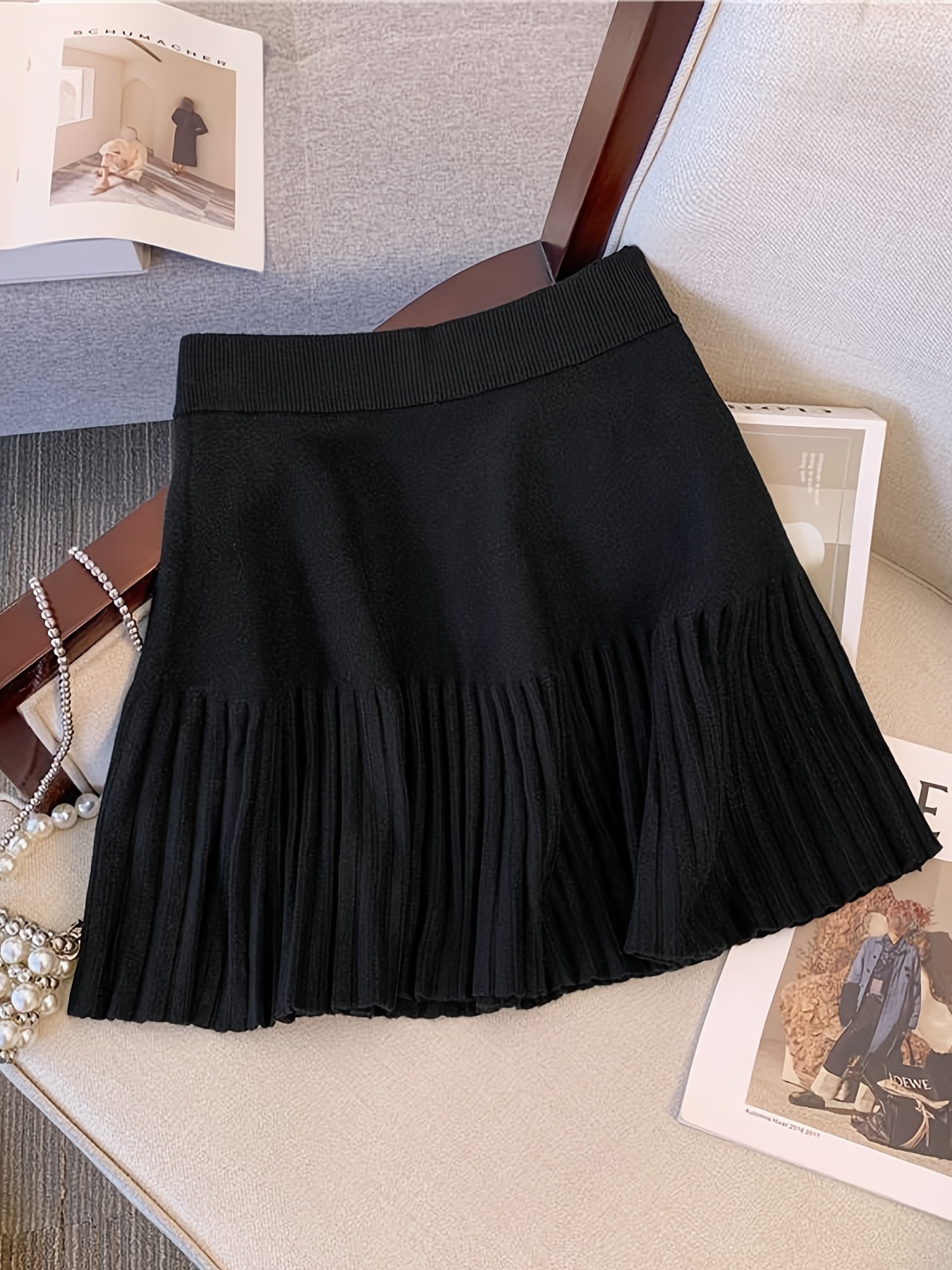 Women'S High-Waist Pleated Skirt Cozy Black A-Line Mini Skirt for Fall  Winter with Fringe Detail Casual Attire, Cozy Cl