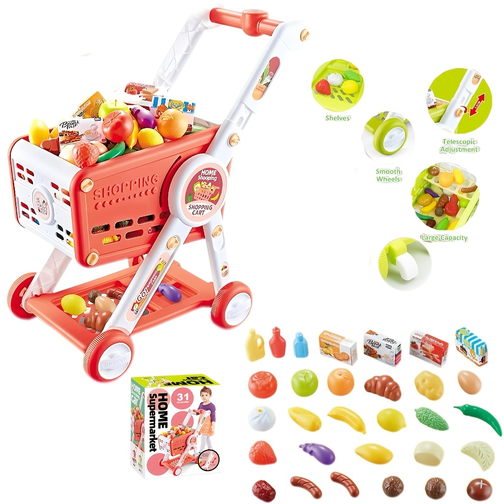 Image of Shopping Cart Toy Doll Small Cart Pretend Play Supermarket Store Small Hand Truck Snack Basket Birthday Gift