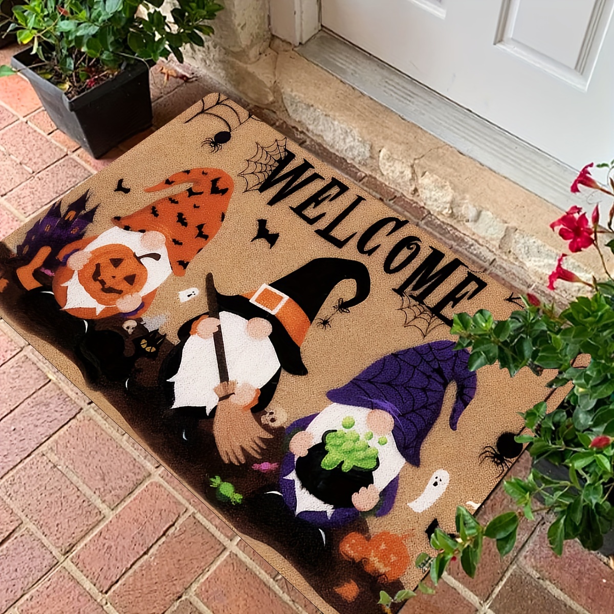 

Holiday Theme Doormat - 1pc Flannel & Sponge Non-slip Rug With Festive Pumpkin And Dwarf Design, Stain Resistant Polyester Welcome Mat For Home, Kitchen, Classroom, Library, And Dorm Decor