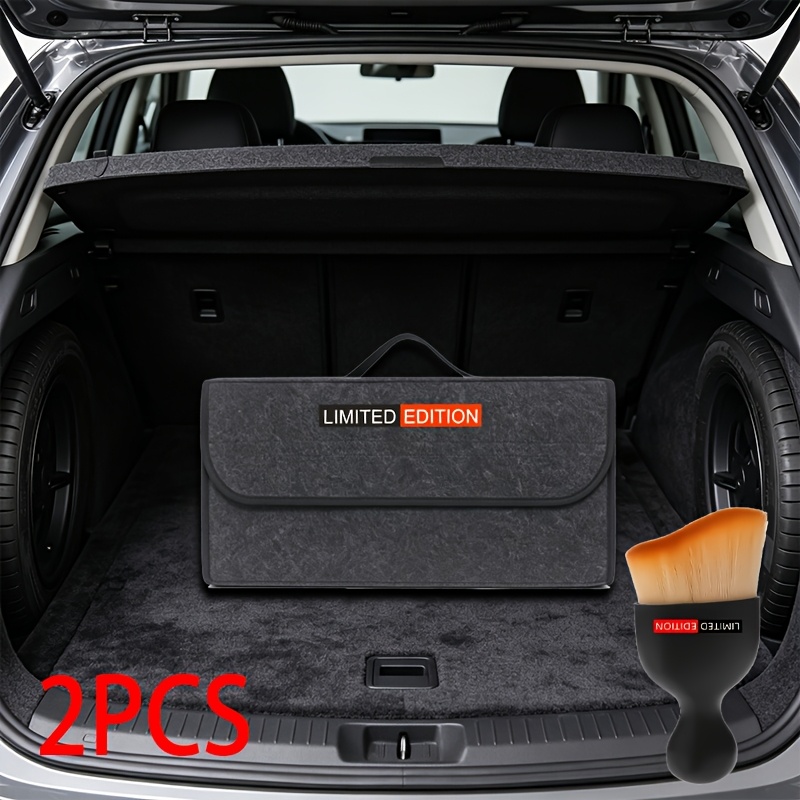 TEMU 2pcs Foldable Felt Car Trunk Storage Bag With Mini Brush, Design, Black And Gray Storage Organizer With Tool Pocket, Reinforced Stitching,