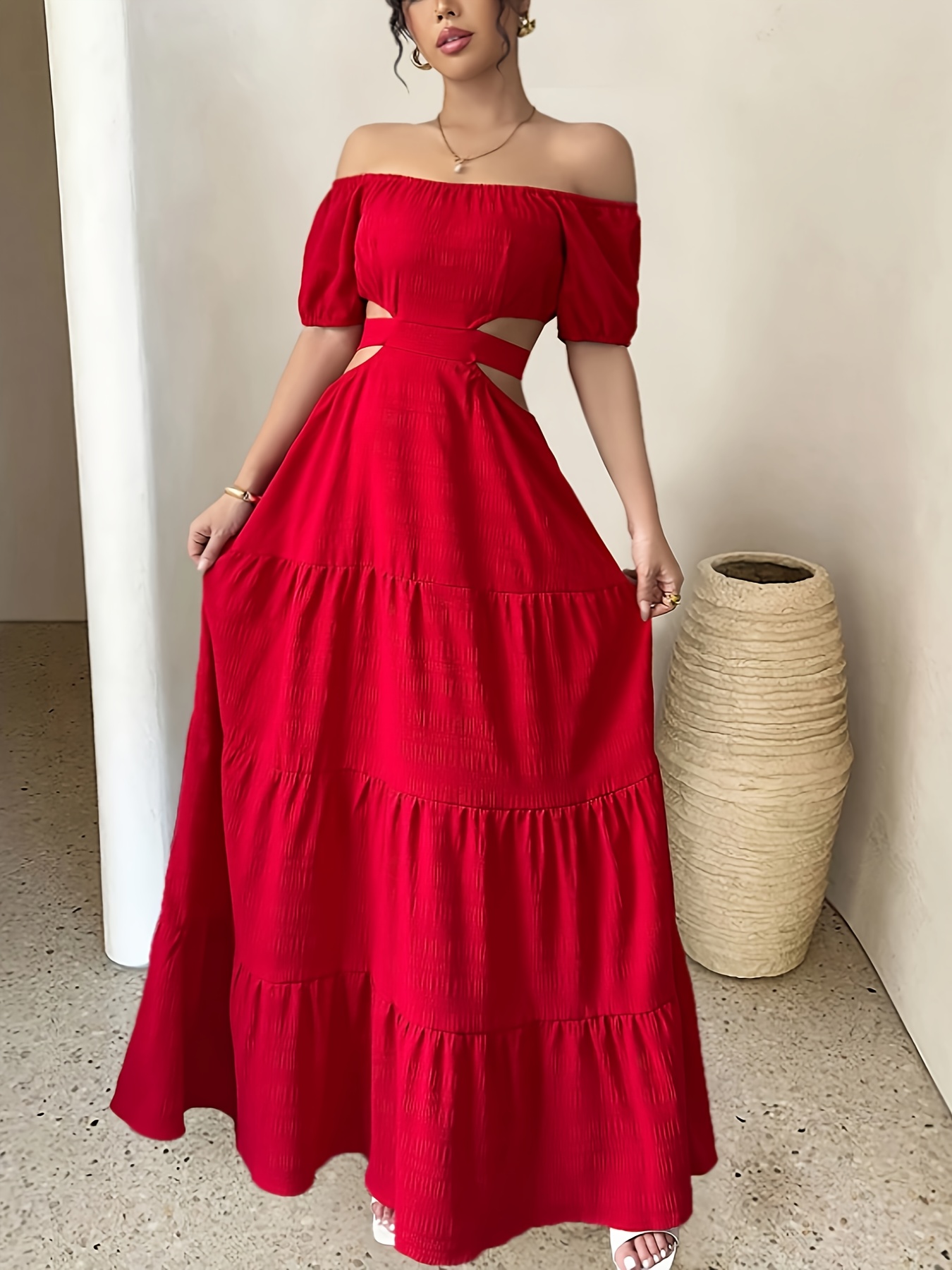 chinese dress ladies Burgundy Off Shoulder Maxi Dress