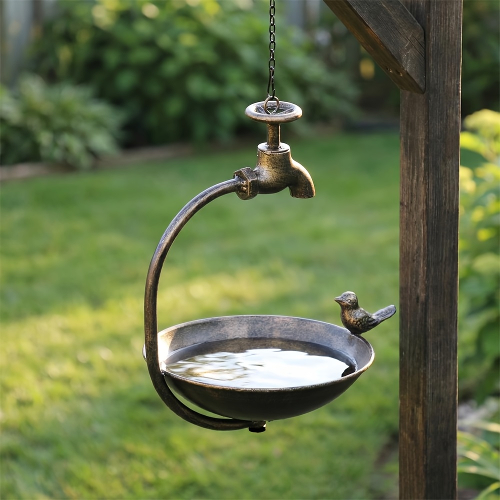 Image of 1pc Retro Style Hanging Bird Feeder, Easy Metal Bird Feeder With Faucet Design, Multifunctional Metal Bath Bowl With Bird Decoration, Suitable For Yard, Balcony, Garden Decoration, For Bird Lovers