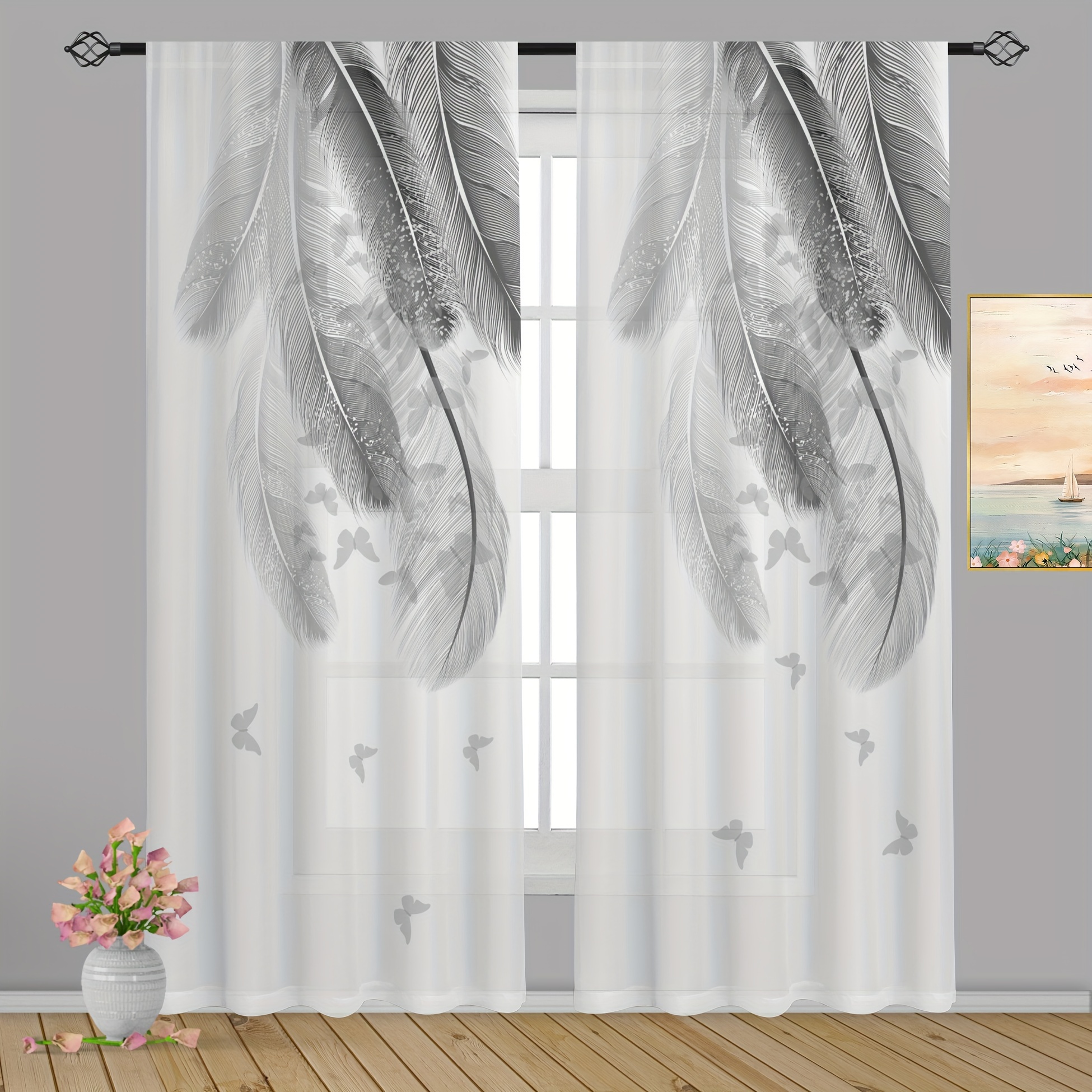 

2pcs, Gray Feather Printed Translucent Curtains, Multi-scene Polyester Rod Pocket Decorative Curtains For Living Room Game Room Bedroom Home Decor Party Supplies