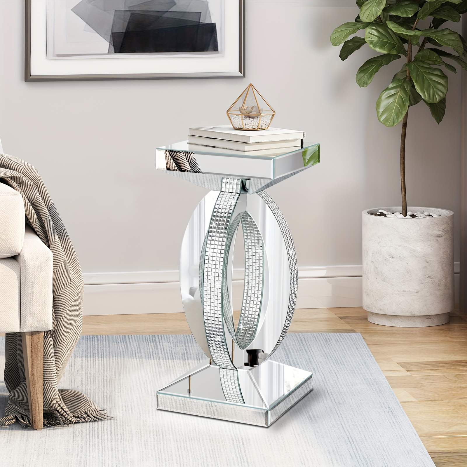 Image of Silvery Mirrored Coffee Table With Crystal Inlay, A Modern Side Table, A Small Mirrored Coffee Table Room, 12"x12"x24" In The Bedroom.