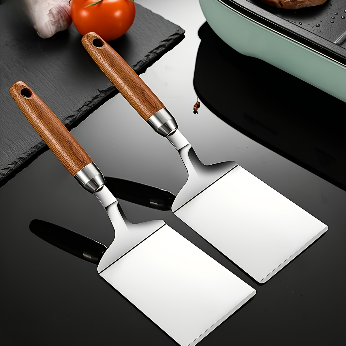TEMU 2pcs Stainless Steel Turner Spatula With Wooden Handle, Wide Flat Griddle Scraper For Flipping Pancakes, , Eggs, Steaks, Scraping Griddles,