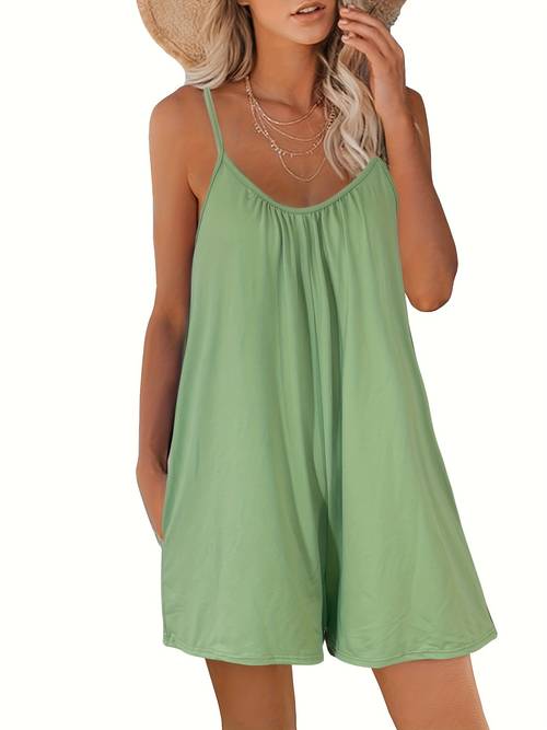 targeted european and american suspender jumpsuit womens spring and summer new solid color pocket jumpsuit cross border womens jumpsuit overalls fashionable casual seaside beach dress thin shoulder strap backless