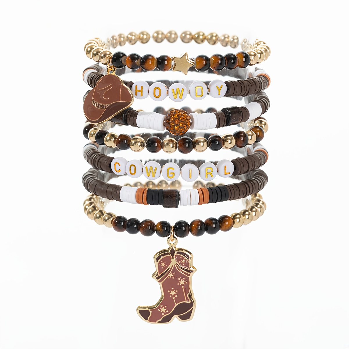 Image of A Set Of 7 Stylish Letter Western Cowboy Elastic Soft Clay Bracelets, Women Or As A Gift For Girlfriends