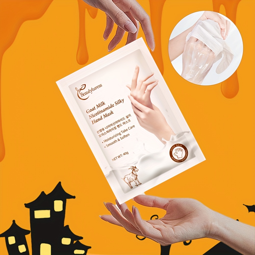 goat milk niacinamide hand mask skincare set for dry rough and cracked hands physical exfoliation deep moisturizing softening hand mask set suitable for party and holiday gifts halloween and christmas details 5