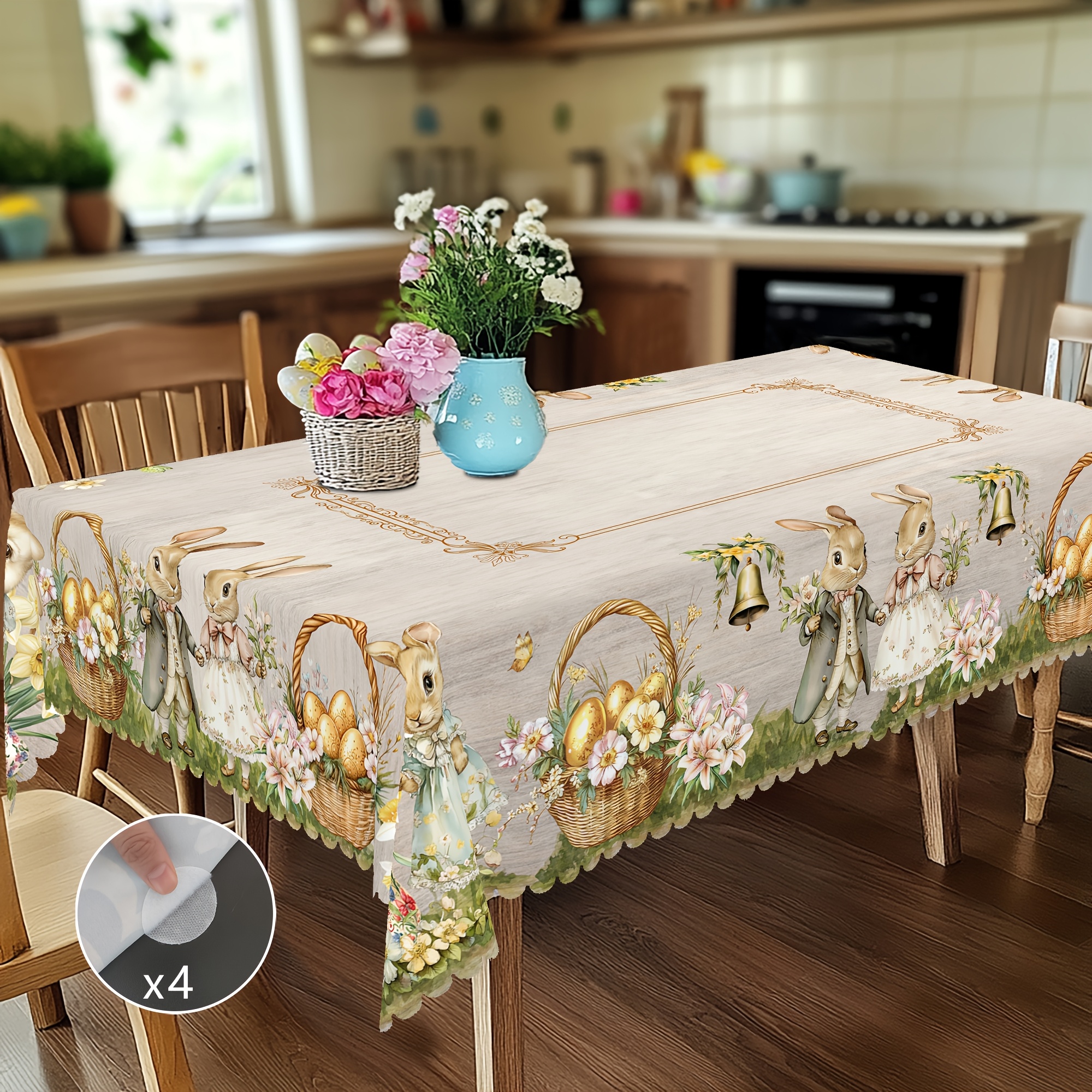 

Easter Bunny And Floral Print Tablecloth, Rectangular Polyester Table Cover, Machine Woven, With Self-adhesive Corners, For Spring Celebrations, Party Decor, And Farmhouse Kitchen Accessory